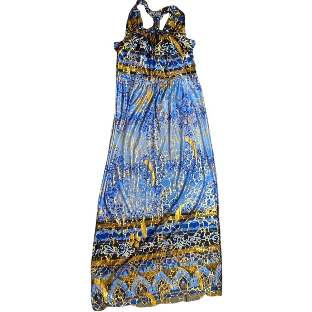 Maxi Dress Halter Blue Brown Floral Sleeveless‎ Evening Party Cocktail S/M - Picture 6 of 11